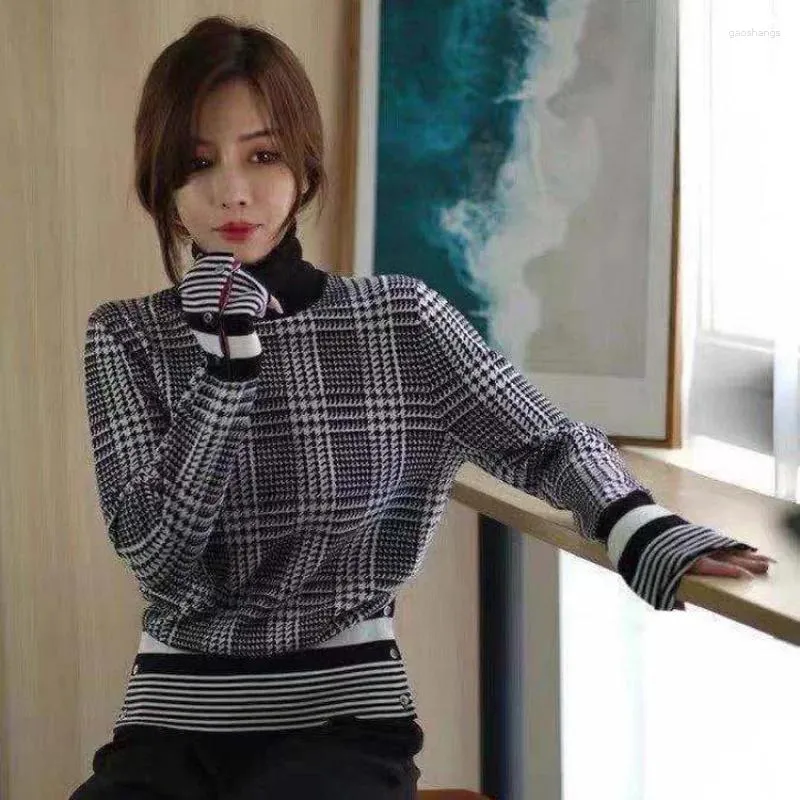 Women's Sweaters Yangmei Factory Store Network Cyber Celebrity Series Autumn And Winter Sweater Houndstooth Striped Turtleneck