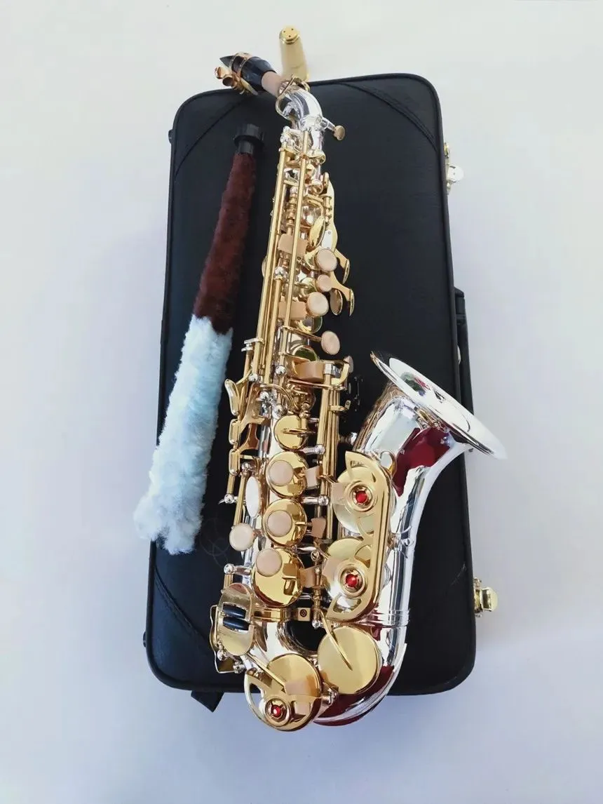 Kaluolin SHO SC-9937 Liten krökt nack Sopran Saxofon B platt högkvalitativ mässing Nickel Silver Plated Sax med munstycket CAS AAA