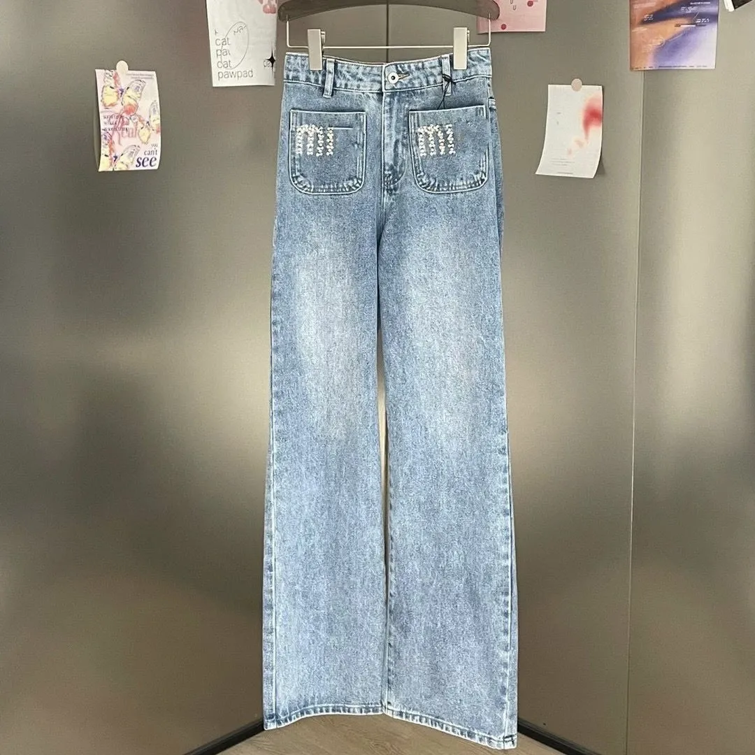 Jeans denim da donna di nuovo design a vita alta con lettere larghe che bordano pantaloni lunghi SMLXLXXL