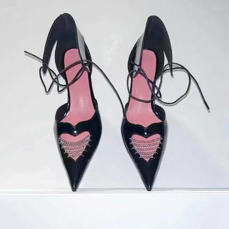 Сандалии с острым носком и цепочкой в форме сердца, женская обувь на маленьком каблуке, обувь для девочек, вечерние платья, женские туфли-лодочки на шнуровке, Zapatos Mujer