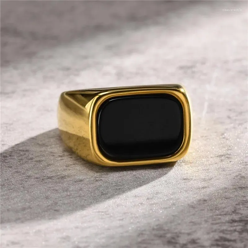 Cluster Ringen ZORCVENS Mode Gouden Kleur Zegel Voor Mannen Punk Vintage Geometrische Rechthoek Zwarte Steen Wieden Ring Sieraden Groothandel