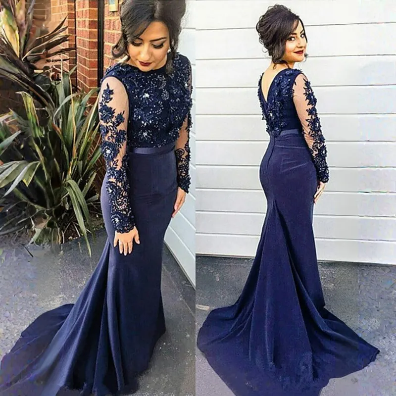 Navy blue long sleeve mother of the bride dress hotsell