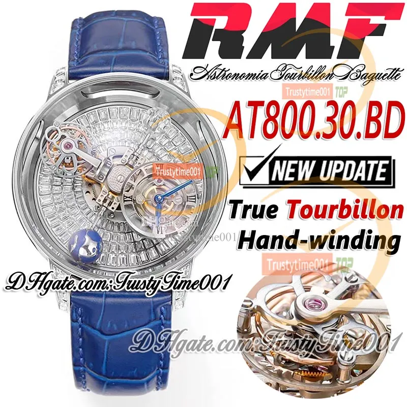 RMF AT800.30.BD Astronomia Tourbillon Meens Mens Watch Iced Out Baguette Diamonds Skeleton Dial Leather Strap Super Edition TrustyTime001Watches