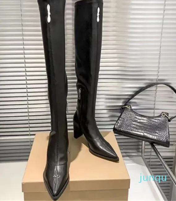 Style américain élégant sur le genou talon haut bottes de mode pointu fermeture éclair haute sens chaussures pour femmes