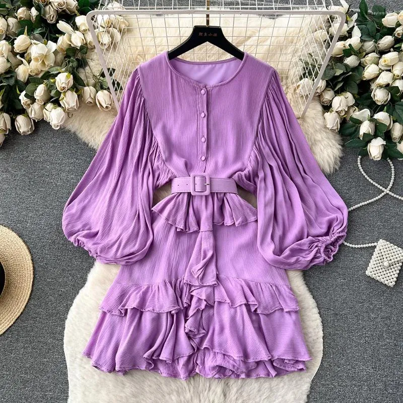 Casual Dresses Party Woman Long Voluminous Sleeve Vintage Elegant Dress with Belt Women Round Neck Ruffle Hem Short