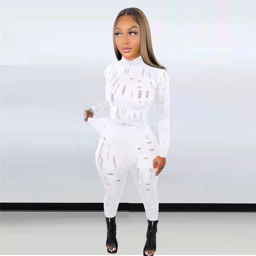 DesignerFall Tracksuits Two Piece Sets Women Outfits Ripped Sweatsuits Long Sleeve Pullover Shirt Top and Pants Casual Holes Sportswear Wholesale Clothes 9198