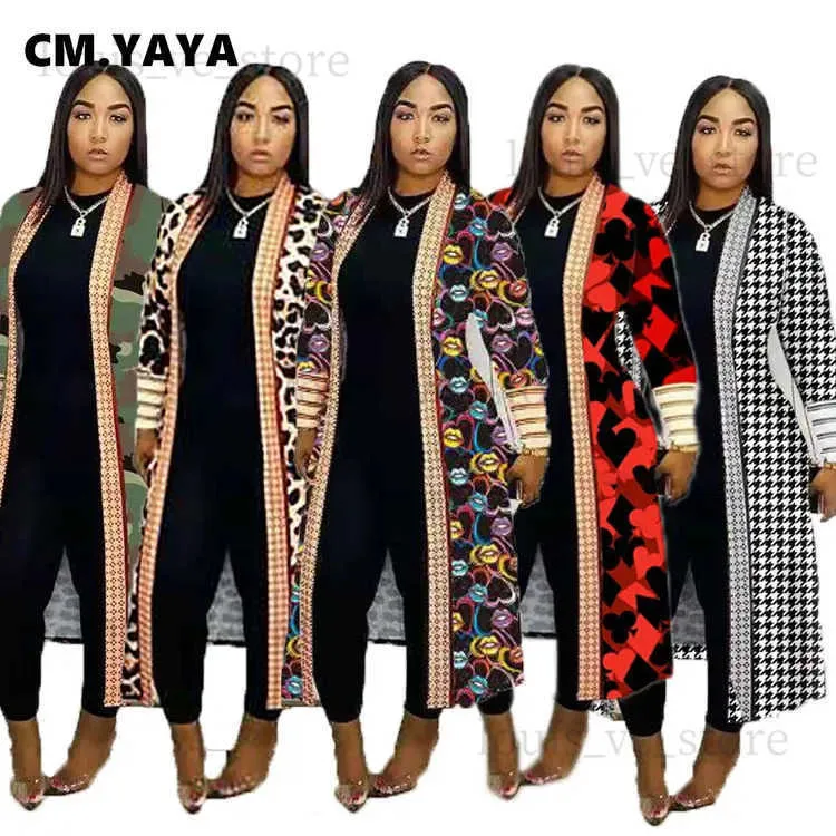 معاطف الخندق النسائية cm.yaya الأنيقة النمر المموه houndstooth مدفرة الأكمام الطويلة مفتوحة غرزة طويلة الخندق أزياء الشارع