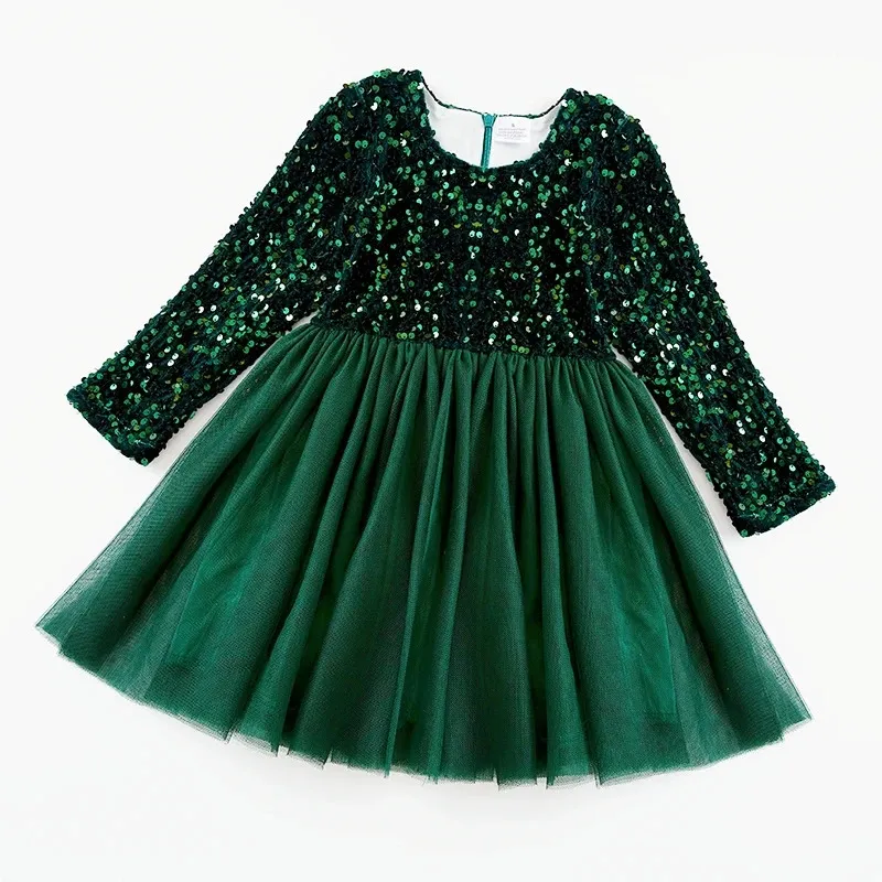 Girl's Dresses Girlymax Winter Christmas Baby Girls Tutu Skirt Hunter Green Sequins Solid Color Twirl Dress Knee Length Kids Clothing 231204