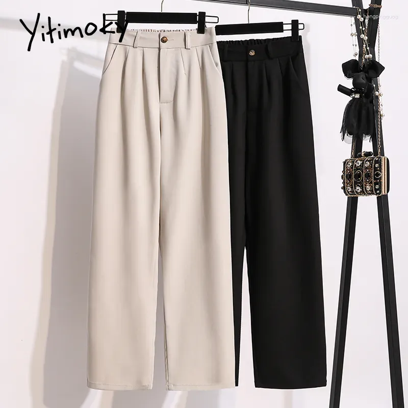 Women's Pants Yitimoky 2023 Suits For Women High Waist Back Elastic Band Office Lady Casual Black Beige Wide Leg Straight Work Trousers