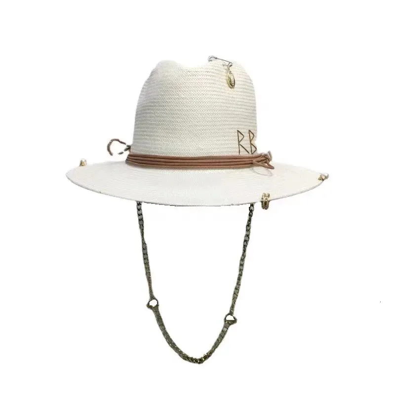 Chapeaux à large bord chapeaux seau été Jazz haut français lettre accessoires Lafite herbe femmes chaîne décoration chapeau de soleil Style Punk chapeau de paille 231202