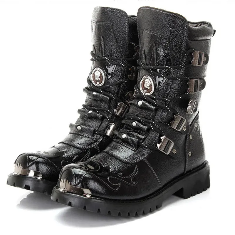 Buty zimowe botki motocyklowe moda punkowa punkowa punkowa buty mens oryginalne skórzane czarne wysokie top męskie but 38-46 231202