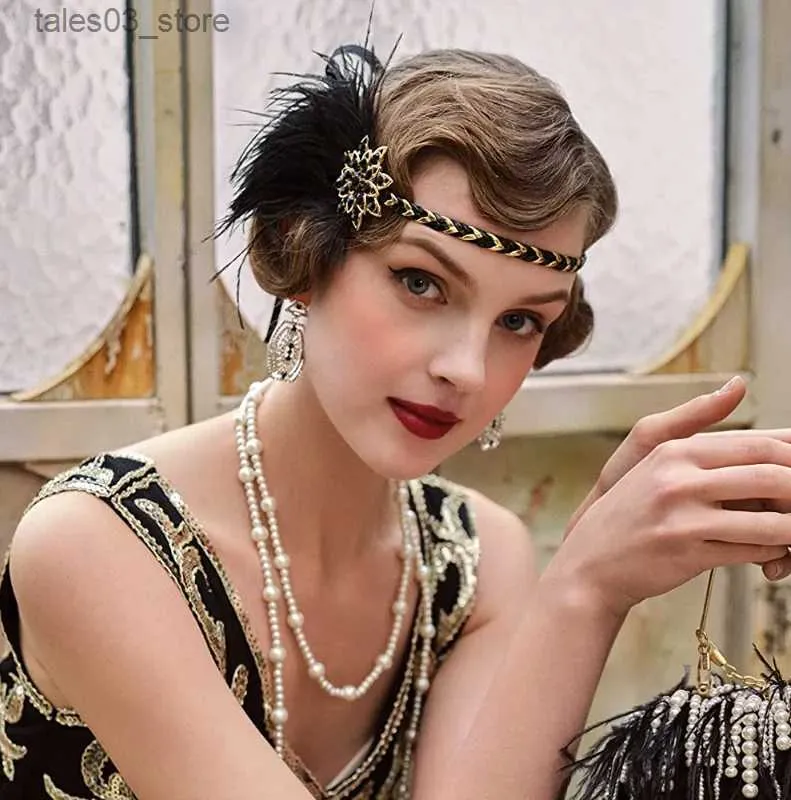 Acessórios para o cabelo Headwear 1920s Flper Headband Roaring 20s Headpiece Gatsby Avestruz Pena Headpiece com Cristal Q231204