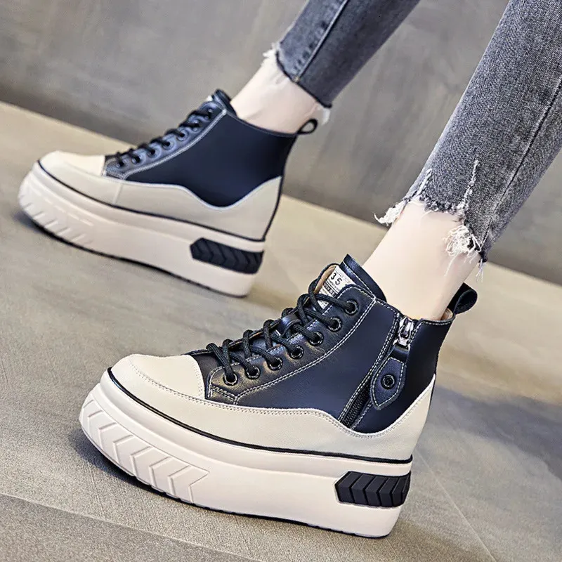 Height Increasing Shoes High Top Women Shoes Genuine Leather 8cm Platform Boots Wedge Hidden Heel Zip Spring Autumn Warm Fur Winter Plush Shoes Sneakers 231204