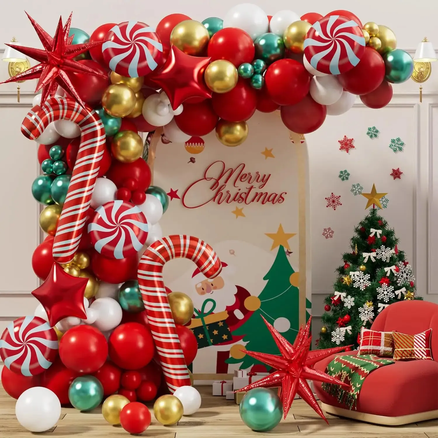 Décorations de Noël 147pcs Ballons Garland Arch Kit Rouge Blanc Métallique Or Ballon Vert pour la fête 231202