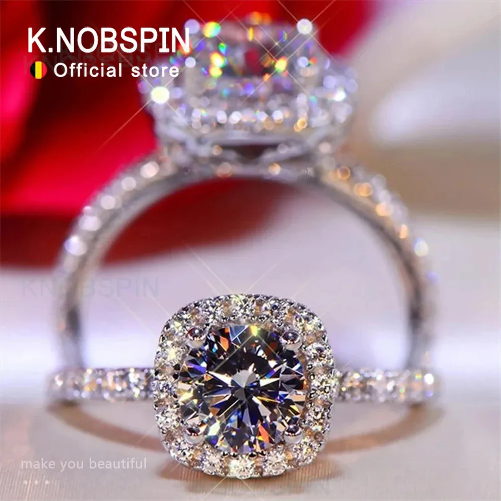 Pierścienie ślubne Knobspin D Color okrągły pierścień 925 srebrny srebrny z 18 -karatowymi białymi złotymi pierścionkami dla kobiet Wedding Pround Fine Jewelry 231202