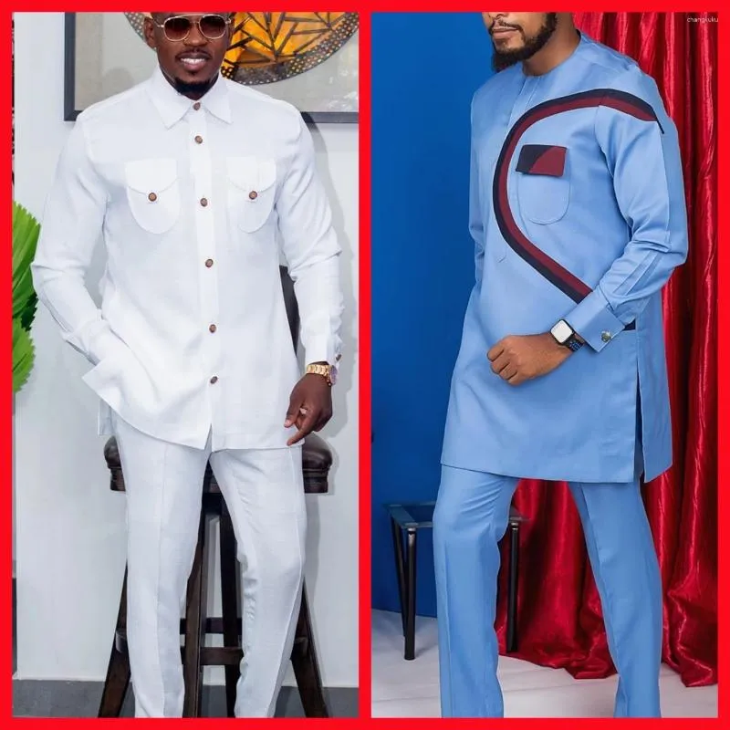 Men's Tracksuits Tenos Wedding 2-Piece Suit Waist Pants Shirt Solid Color Panel Long Sleeve Party African Ethnic Style Clothing (M-4XL)