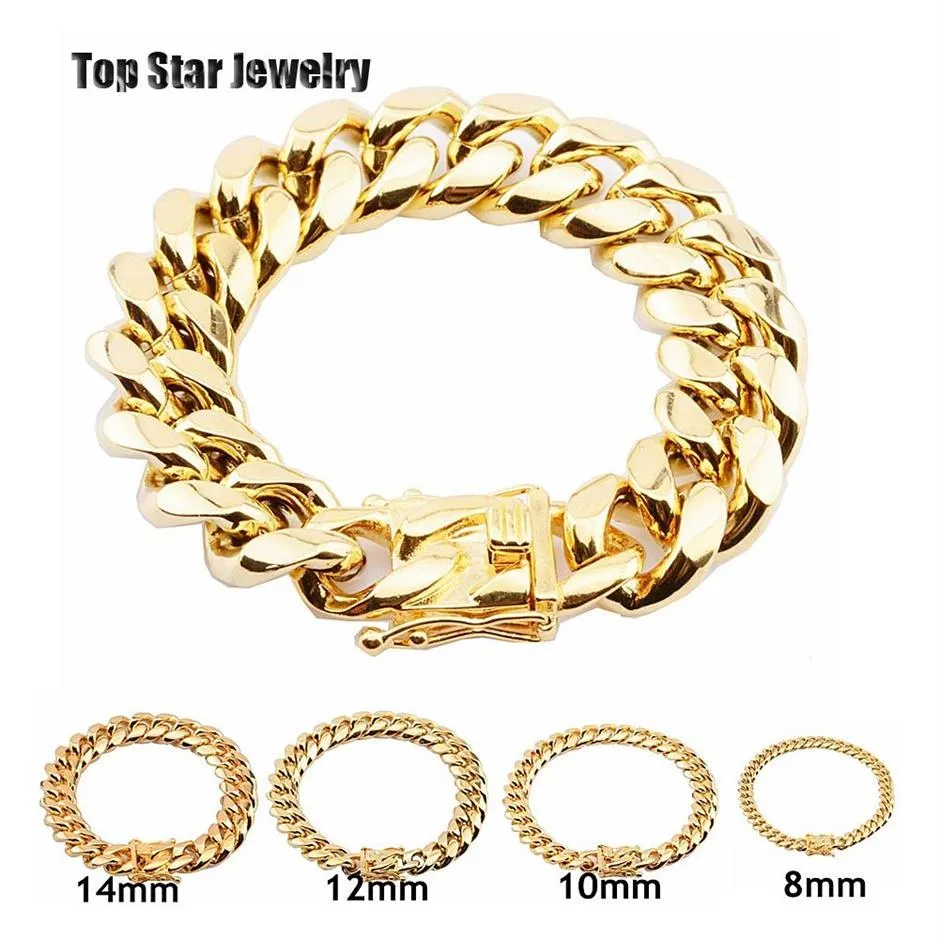 8 mm 10 mm 12 mm 14 mm 16 mm 18 mm Pulseras de acero inoxidable Chapado en oro de 18 quilates Alto pulido Miami Cuban Link Hombres Punk Cadena de acera Butterfl2391