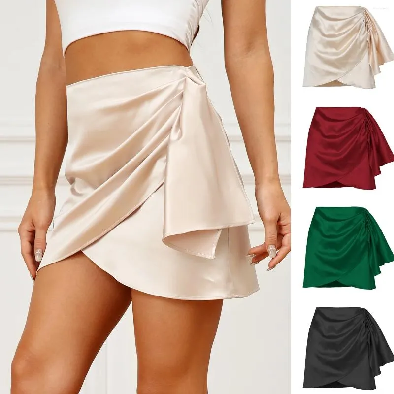 Skirts Solid Purple Satin Silk Skirt Women 2023 Summer Sexy Irregular Zip Folds High Waited Girls Mini Short Vintage Ladies