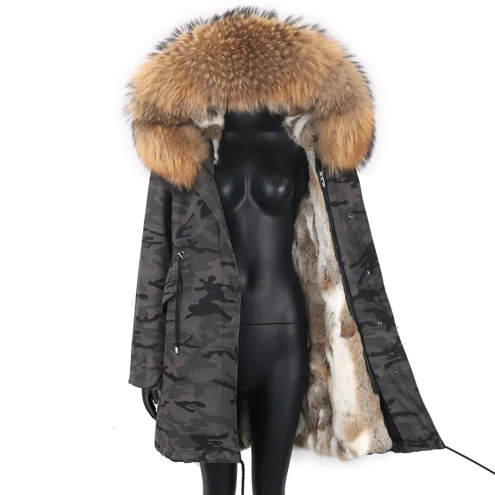 Женская шуба из искусственного меха с толстым натуральным мехом, куртка с капюшоном и воротником из большого меха енота, съемная подкладка из кроличьего меха, зимняя парка, модная женская одежда 231202