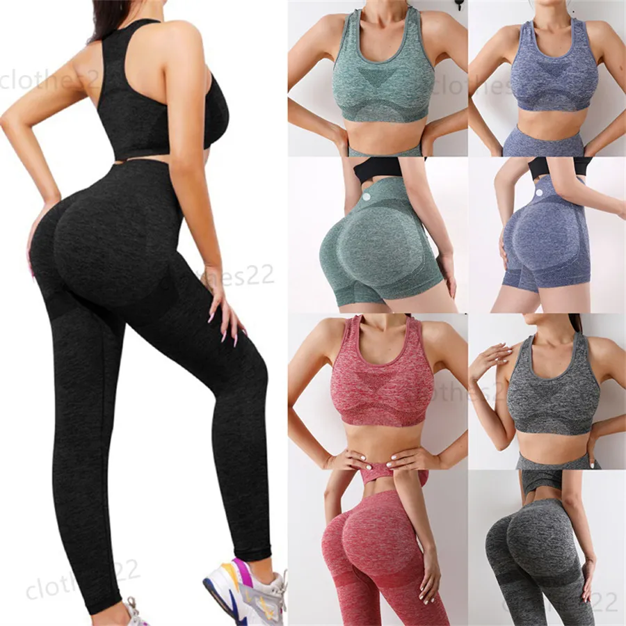 LL-2023 Yoga Sets Female Designer Sexy Shorts High-waisted Sports Vest Two-piece Leggings Gym Wearing Elastic Fiess Lu Lady Body-tight Exercise