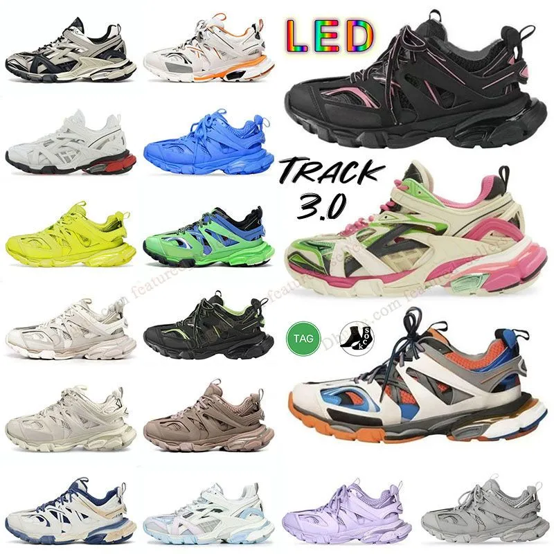 Faixas de luxo LED 3 Designer Sapatos Casuais Track 3.0 LED Paris Itália Marca Triplo Couro Preto Nylon Plataforma Impressa Famoso Dhgate Treinadores Esportes Mens Womens Tennis