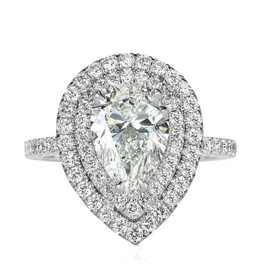 Taille américaine 5-10 bijoux classiques pur argent sterling 925 goutte d'eau coupe poire topaze blanche CZ diamant promesse femmes mariage mariée Ri2397