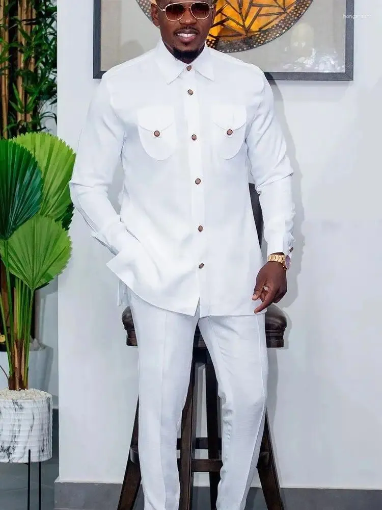 Fatos masculinos temos casamento duas peças terno vestido calças compridas camisa cor sólida manga festa estilo étnico africano roupas