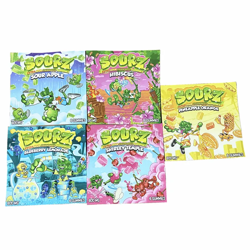 Sourz Gummies Sours Sacs d'emballage Paquet de 600 mg Bouchées de punch aigre-cerise Zip Lock Comestibles Pack Bonbons Gummy Sac d'emballage Fleur sèche SmellProof Mylar comestible