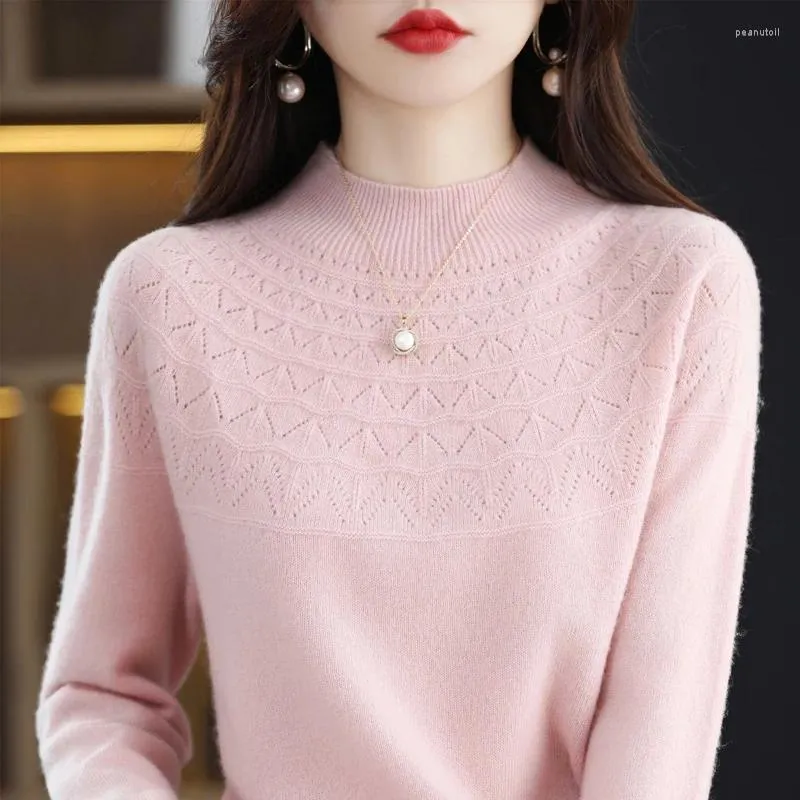 Women's Sweaters Cashmere Sweater In Autumn And Winter Pure Wool Semi-high-necked Knitted Pullover Hollowed-out Fashion Top