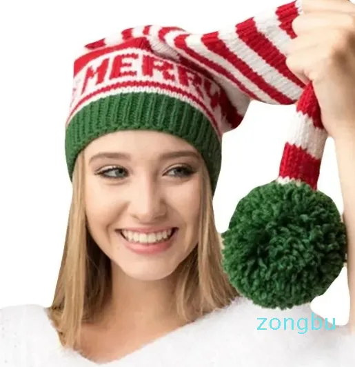 Berets Crianças e Adultos Natal Strip Verde Tricotado Long Santa Chapéu Caps Cashmere Inverno Crianças