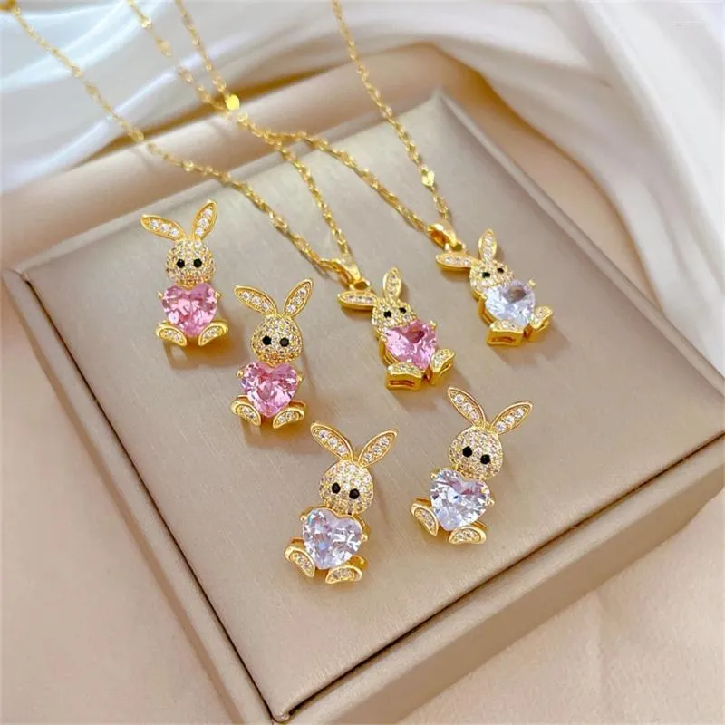 Necklace Earrings Set Fashion CZ Rabbit For Women Jewellery Luxury Simple Heart Pendant Wedding Bride Gift