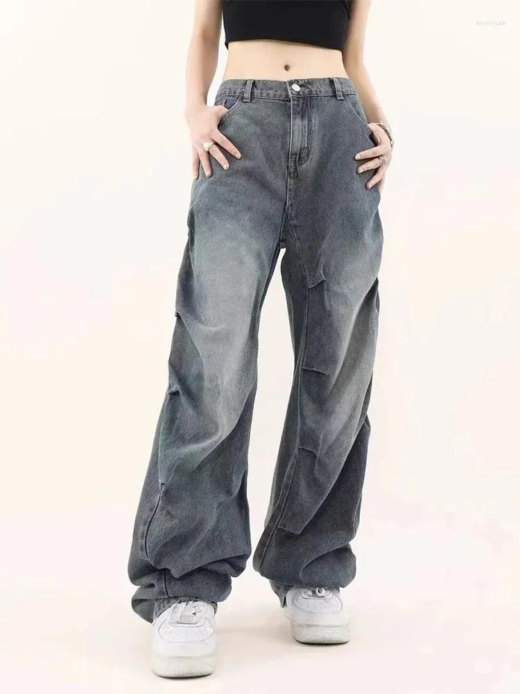 Frauen Jeans HOUZHOU Oversize Männer Hip Hop Plissee Hosen Distressed Casual Designer Blau Denim Hosen Männliche Japanische Streetwear