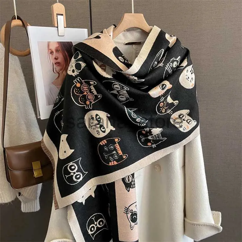 Sciarpe Cat Print Cashmere Poncho invernale Sciarpa Donna Design di lusso Scialle caldo Coperta con ordito spesso Bufanda con nappa Accessori casual J231204