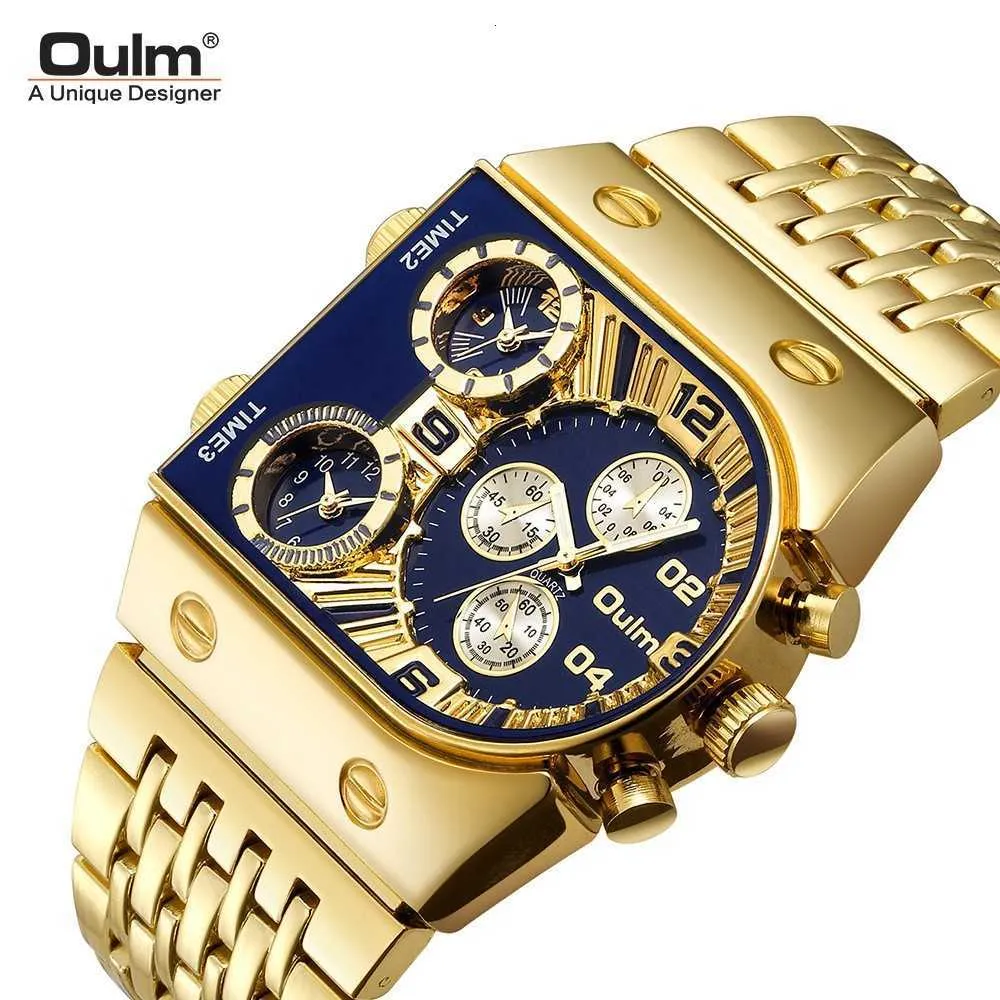 Relógio de designer relógios Oulm euroradium novo multi fuso horário grande mostrador luminoso banda de aço masculino lazer quartzo ouro