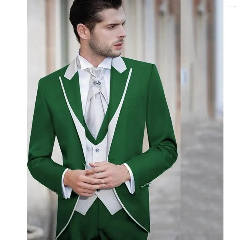 Men's Suits Mens Suit Green With White 3 Pieces Shawl Lapel Costume Homme Groomsmen Wedding Groom Tuxedos (Blazer Vest Pants)