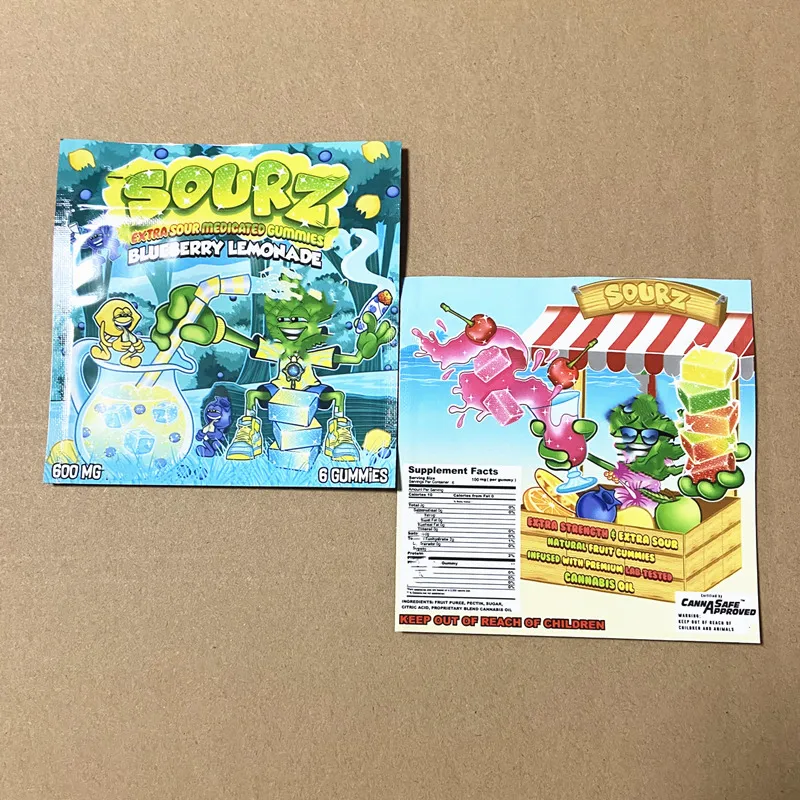 Sourz Gummies Sours Packaging Bags 600mg 패키지 체리 사워 펀치 물기 지퍼 잠금 식용 팩 캔디 구미 포장 가방 드라이 꽃 냄새 방지 마이어 식용 식용.