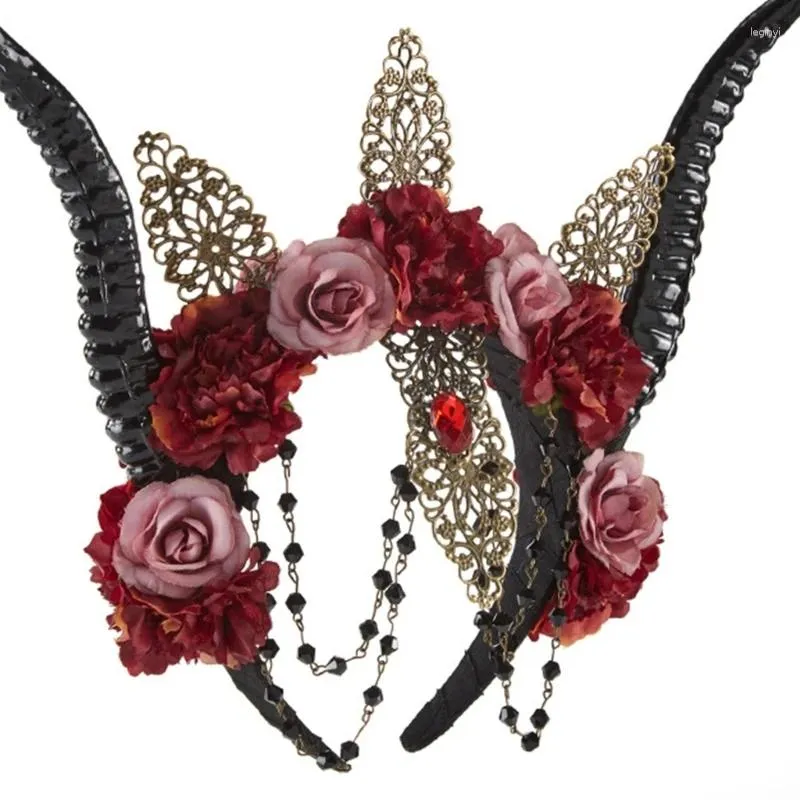 Parti levererar får horn halloween huvudbonad rose blommor dekorationer gotiska djävul pannband cosplay tillbehör hårband