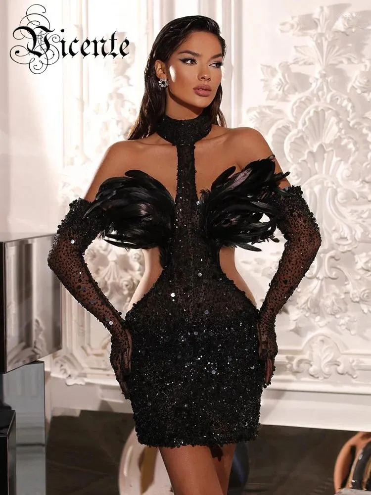 Casual Dresses VC Luxury Party Dress Women 2023 Summer Mesh Patchwork Sequins Black Feather Mini med handskar Sexig klubbkläder
