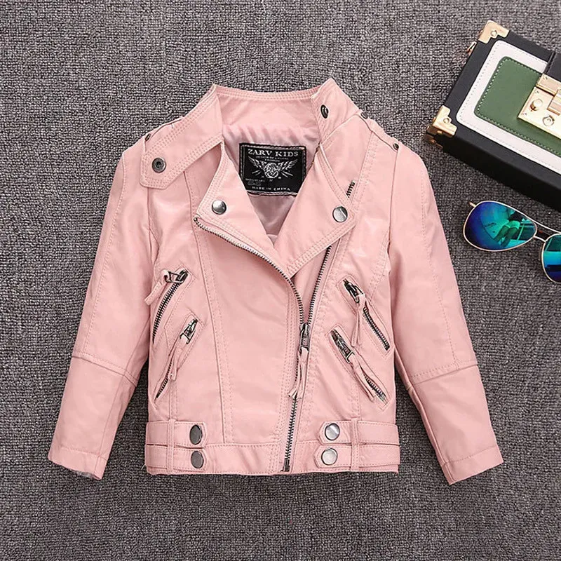 Jackets 2 14 Years Old Girls Faux Leather Jacket Children PU Coat Long Sleeve Zip Belt Locomotive Stylish Teen Kids Boys 231204