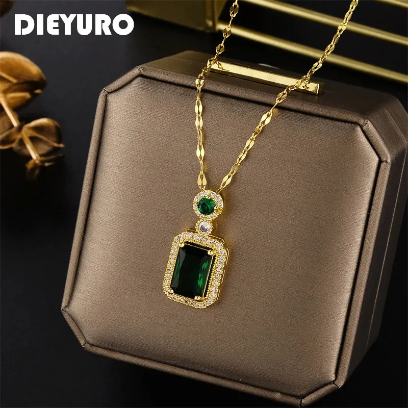 Pendant Necklaces DIEYURO 316L Stainless Steel Square Green Red Zircon Pendant Necklace For Women Classic Luxury Girls Jewelry Chain Birthday Gift 231204