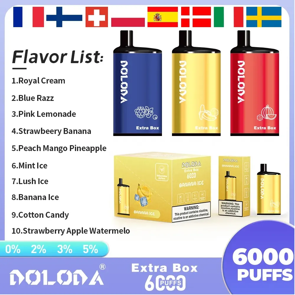 DOLODA EXTRA BOX 6000 Puff monouso Vape puff 6000 Sigaretta elettronica 2% 5% Cartuccia Pod 1.2 Bobina a rete 650mah Penna Vape 10 Sapore Capacità olio 12 ml più barra elfo puff vs BANG 12K