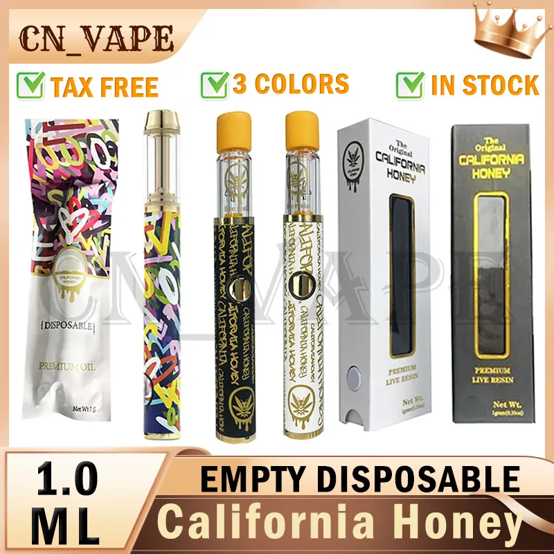 NOUVEAU Colorfu California Honey avec boîte Stylos jetables 1,0 ml Vaporisateurs en or noir Cigarettes électroniques vides Batterie rechargeable Goût pur pour sac d'emballage d'huile épais