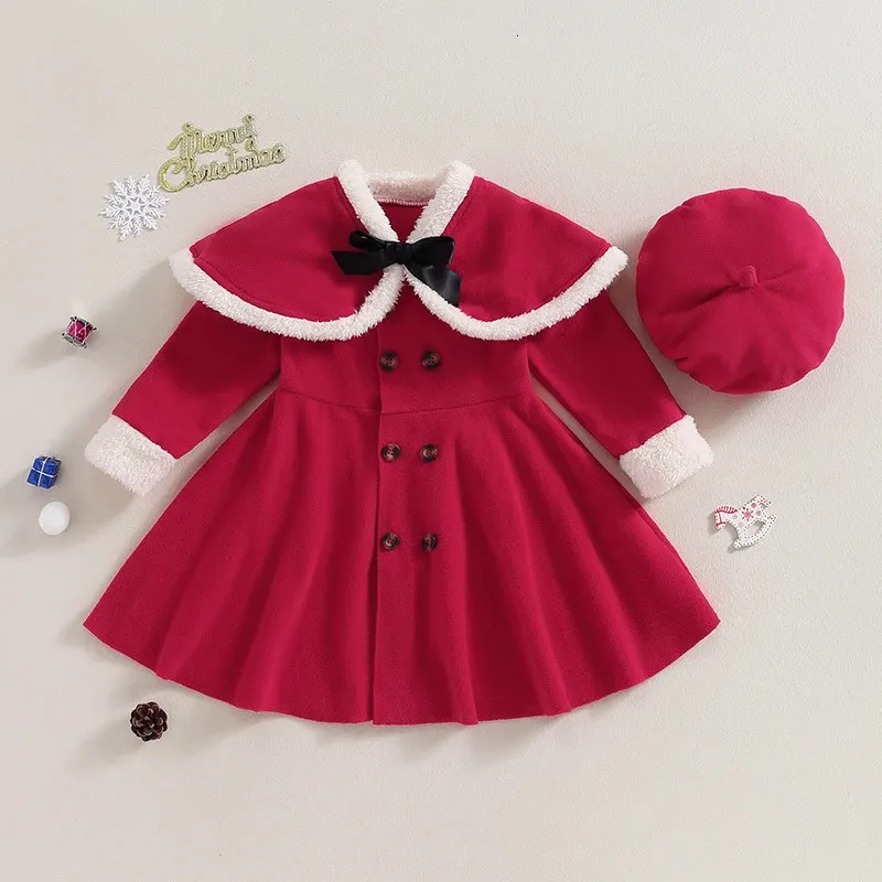 Kläderuppsättningar 3 7y barnflickor Autumn Winter Clothes Set Baby Long Sleeve Double Breasted Red Coat Dress Shawl Beret Hat Christmas Outfits 231204