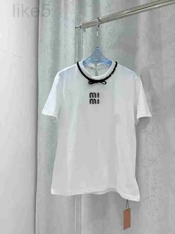 Dames T-shirt Designer Merk High Definition Reversband Korte mouwen voor Dames 2023 Lente/zomer Nieuwe Letter Ingelegde Diamant Leeftijdverlagend Meisjesstijl Half Top AALS