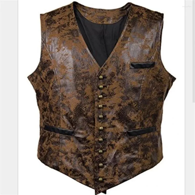 Herrjackor män steampunk cosplay kostym västar ärmlös rivet knapp faux läder cowboy midje kappa chalecos para hombre