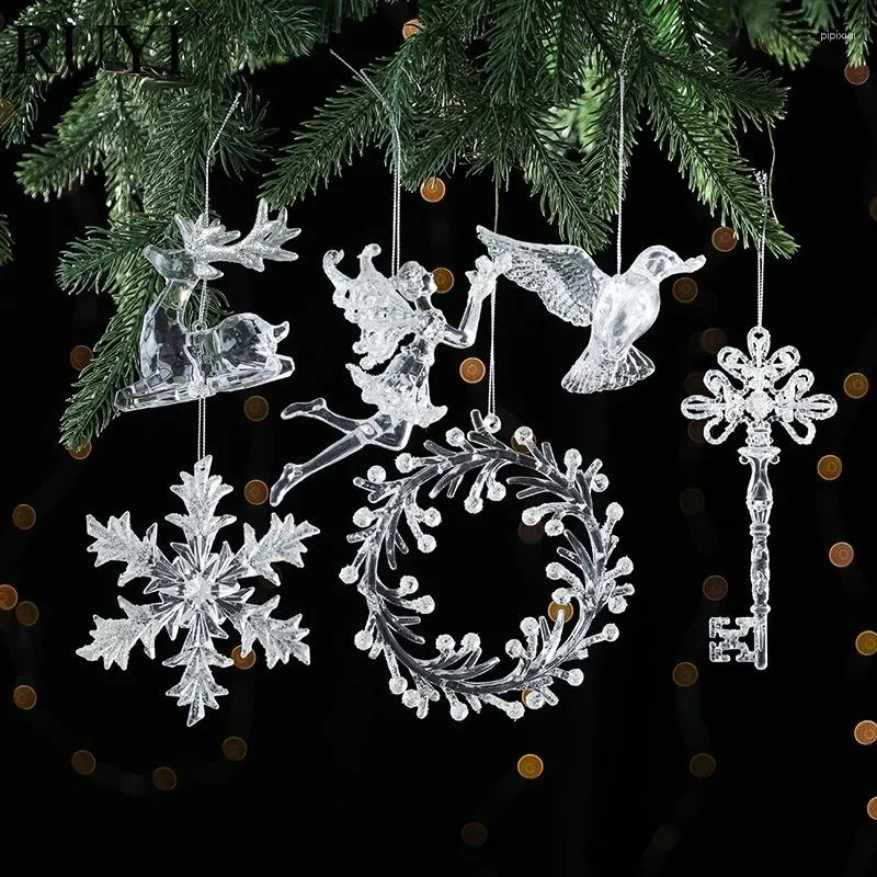 Dekorativa blommor julgran dekoration transparent akryl älg ängel nyckel snöflinga kristall girland hänge bröllop år gåvor
