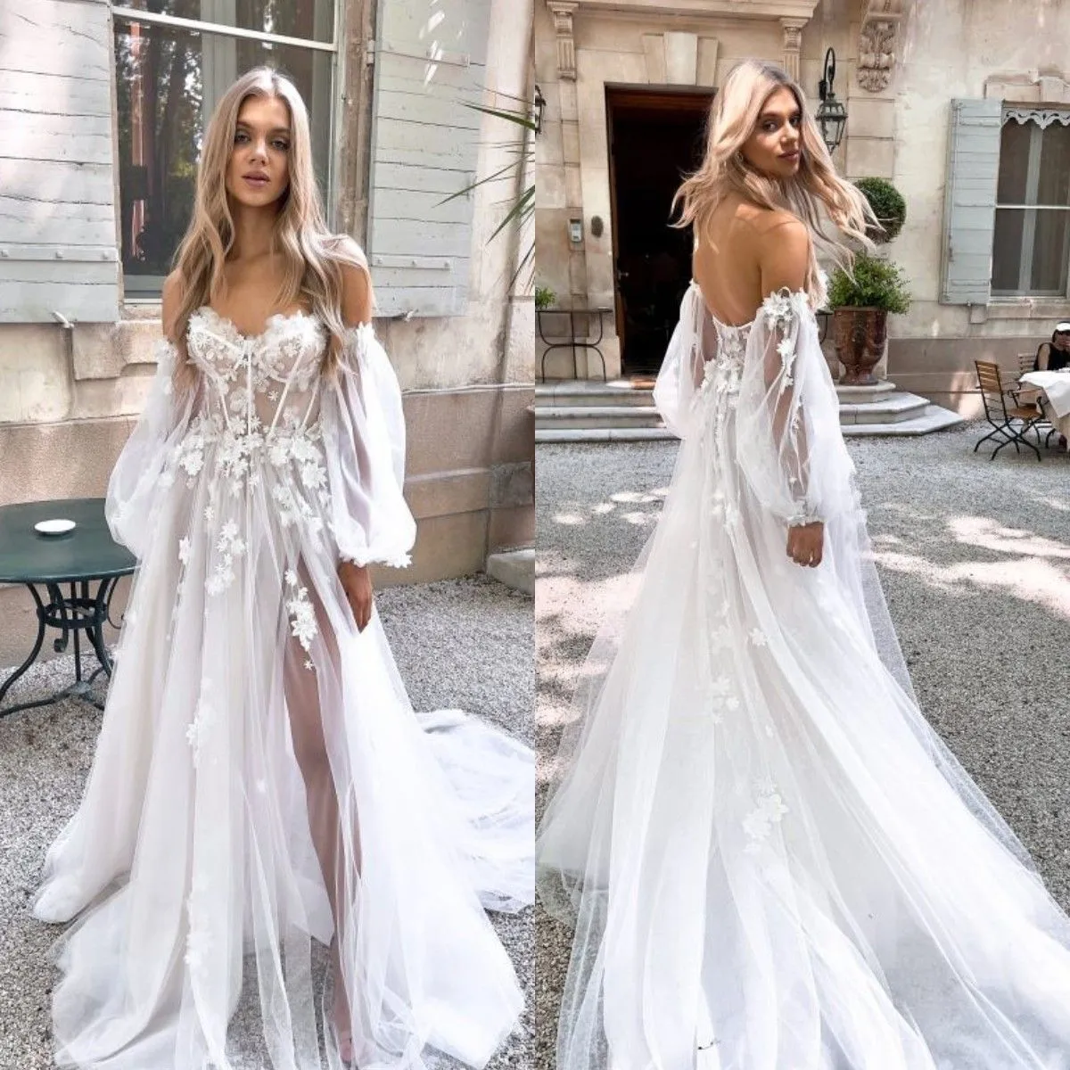 Abiti da sposa Boho A line Appliques Abiti da sposa firmati in tulle con maniche a sbuffo Abito da sposa con strascico