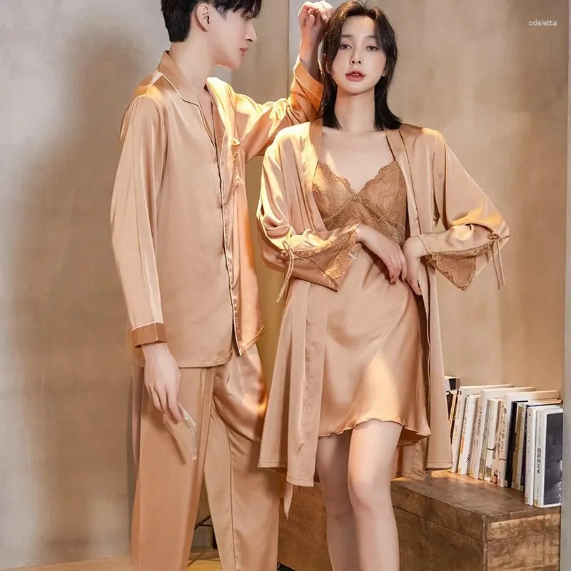 Men's Sleepwear Summer Ice Silk Men Pajamas Women Lace Trim Robe Sets Home Service Suit Casual Couples Nightwear