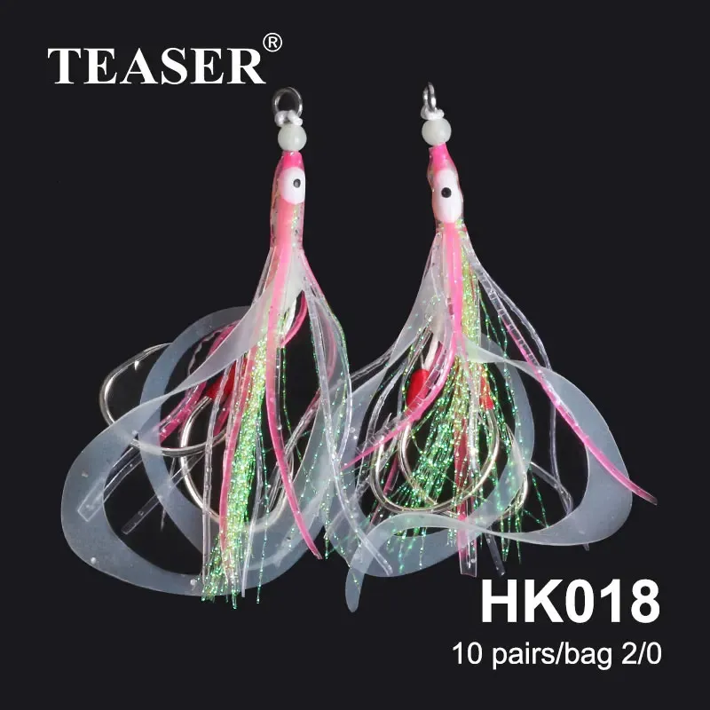 Рыболовные крючки TEASER 10 шт. Twin Assist Fishhook Jig Рыболовная приманка Искусственный силикон Мягкая юбка Приманка для кальмара Светящийся двойной крючок Tai Kabura 231204