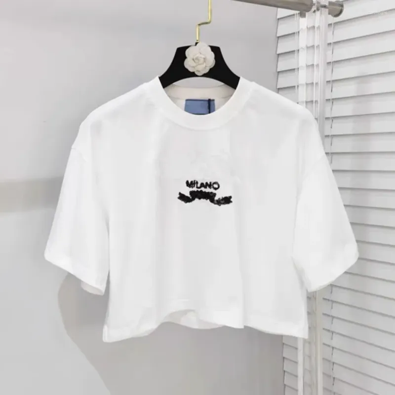 Kvinnors T-skjortor Kvinnkläder 2023 Summer P Family Small White Round Neck Letter Sequin Embroidery Short Casual Loose T-shirt Top Women